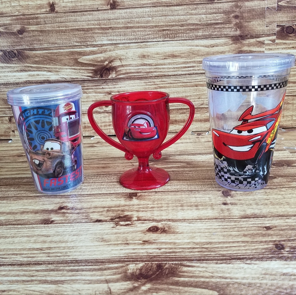Disney Pixar Cars Plastic Drinkware Lot Piston Cup Trophy Tumblers 3pc Set